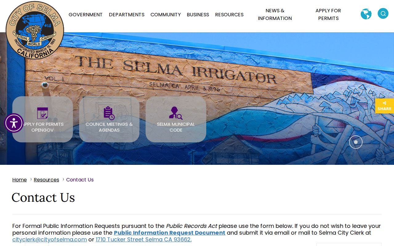 Selma residents directory City Clerk records request and staff page